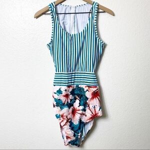 Floral Print Striped One Piece XL Women Beach Swi…